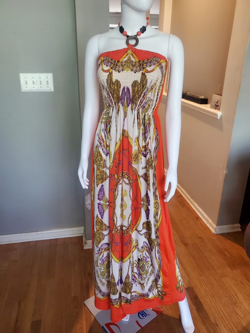 Magic Strapless Orange and White Printed Maxi Dress